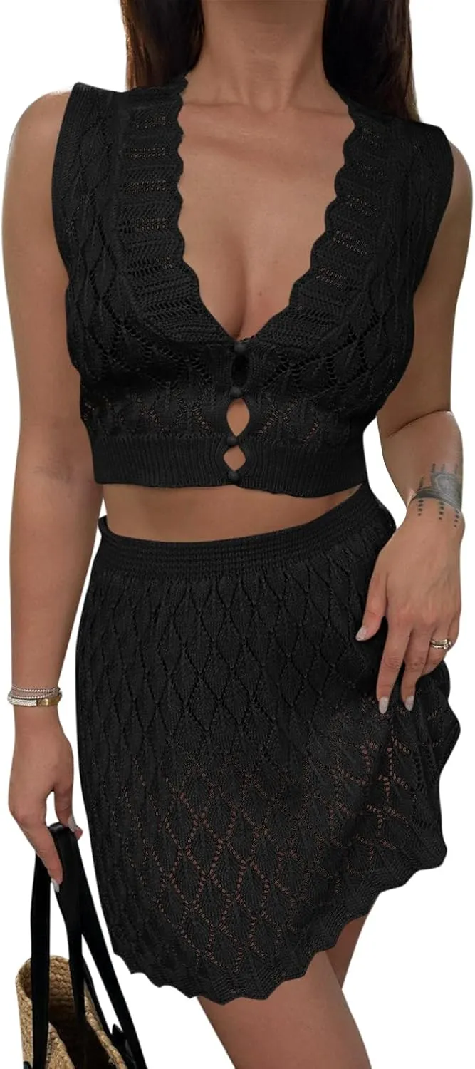 Saodimallsu Womens Two Piece Crochet Swimsuit Cover Ups Sleeveless V Neck Crop Tops Skirt Sets Beach Vacation Outfits