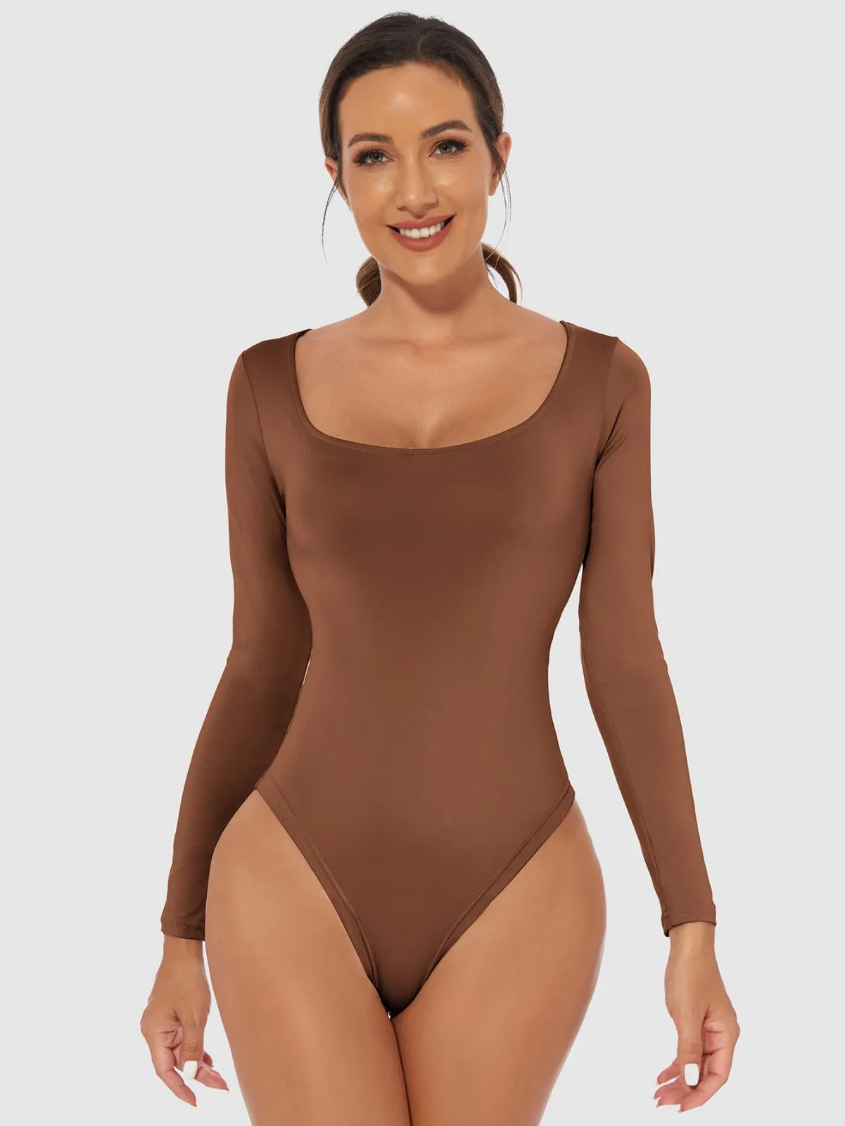 Scoop Neck Butter Bodysuit Full Sleeves : Brown