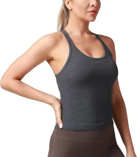 Seamless Ribbed Workout Racerback Tank Tops with Built in Shelf Bra for Women