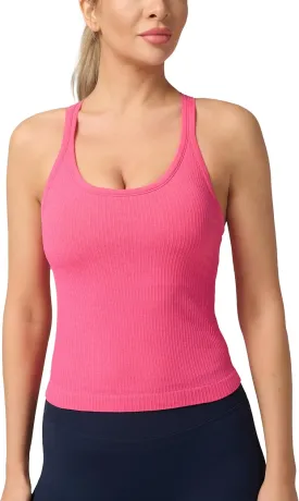 Seamless Ribbed Workout Racerback Tank Tops with Built in Shelf Bra for Women