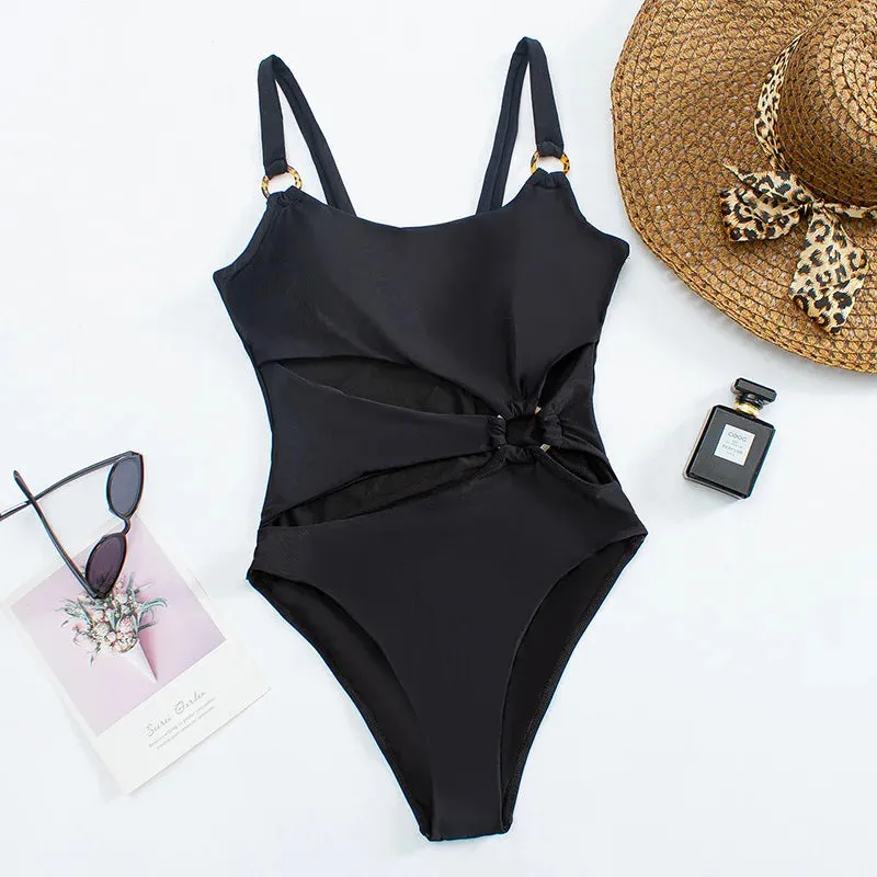 Sexy Onepiece Solid Color Women Bikini Set with Hollow Suspender Design for Backless Comfort and Low Waisted Flattery