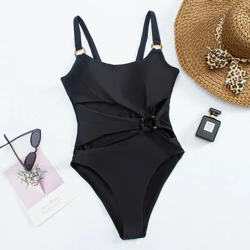 Sexy Onepiece Solid Color Women Bikini Set with Hollow Suspender Design for Backless Comfort and Low Waisted Flattery
