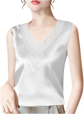 Silk Satin Tank Tops for Women Lace Floral V Neck Casual Sleeveless Blouses Summer Work Basic Tank Shirt
