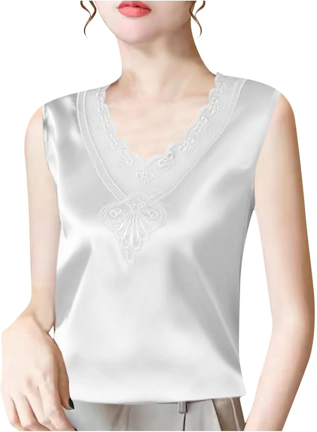 Silk Satin Tank Tops for Women Lace Floral V Neck Casual Sleeveless Blouses Summer Work Basic Tank Shirt