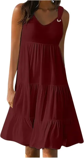 Sundresses for Women 2025 Floral Print Sleeveless Midi Dresses Pleated Round Neck Sundresses Loose Beach Dress