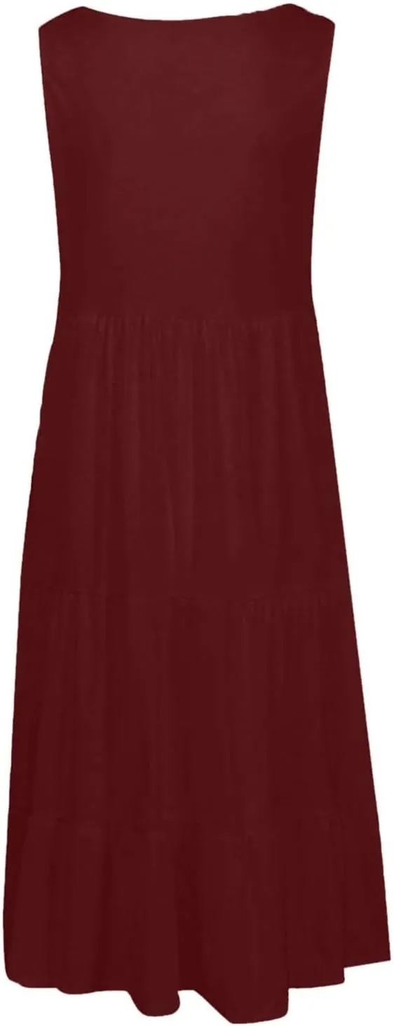 Sundresses for Women 2025 Floral Print Sleeveless Midi Dresses Pleated Round Neck Sundresses Loose Beach Dress