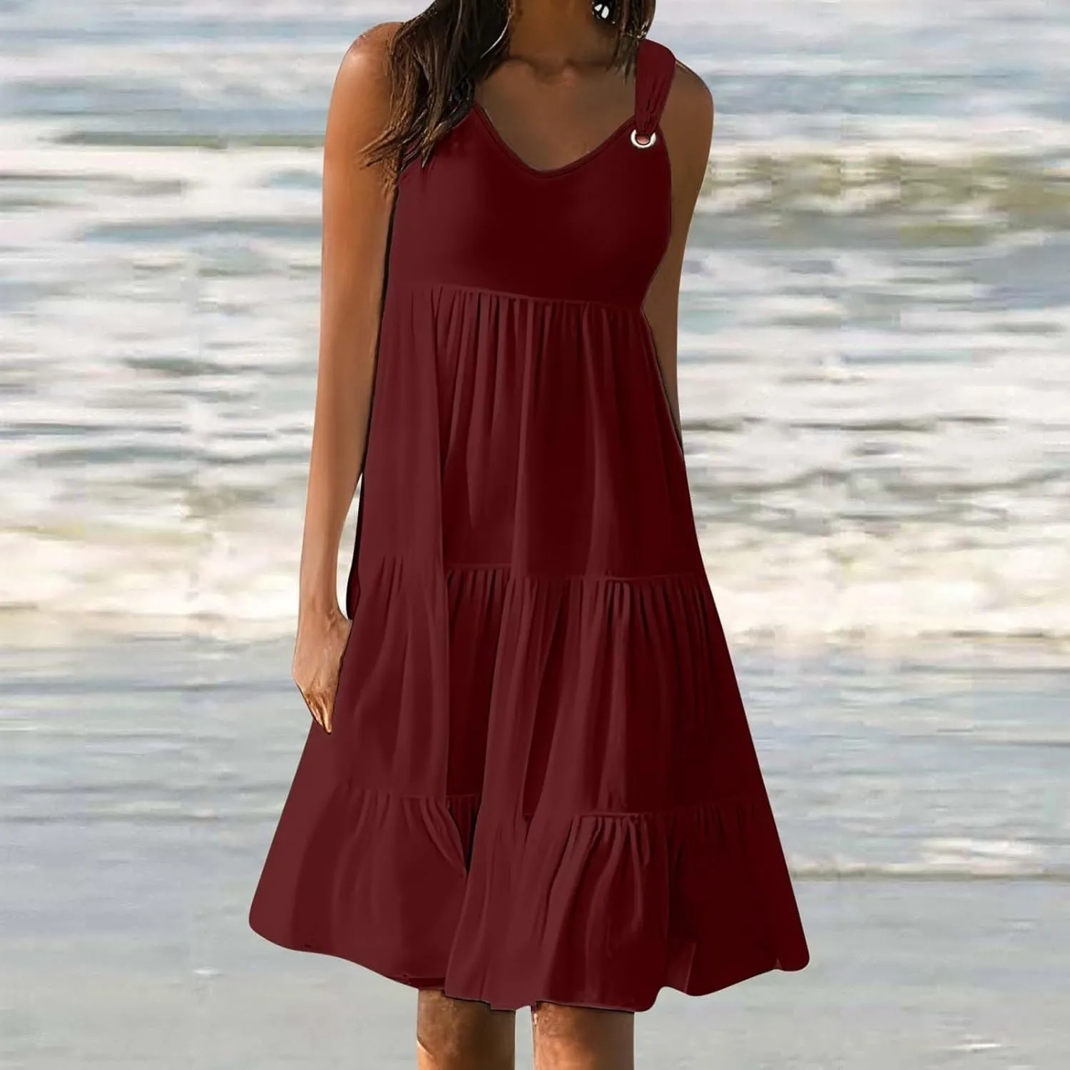 Sundresses for Women 2025 Floral Print Sleeveless Midi Dresses Pleated Round Neck Sundresses Loose Beach Dress
