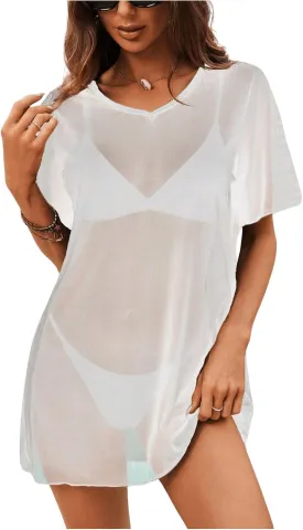 SweatyRocks Women's Sheer Mesh Short Sleeve Cover Ups Round Neck Summer Loose Beachwear Shirt