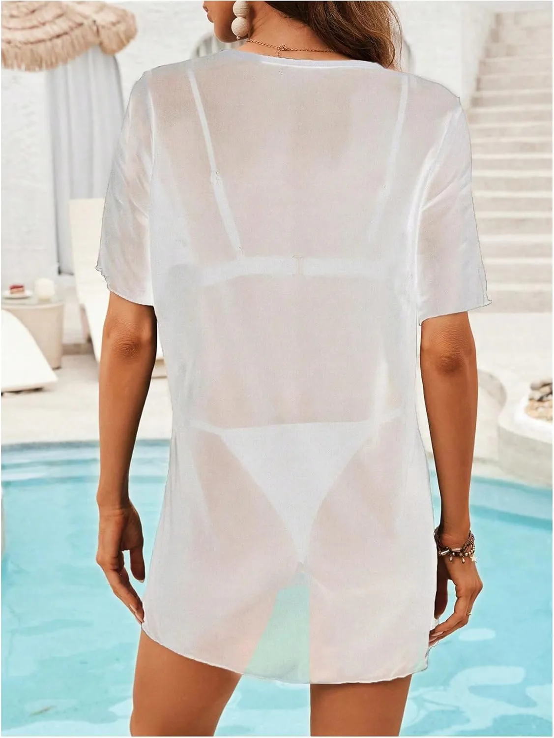 SweatyRocks Women's Sheer Mesh Short Sleeve Cover Ups Round Neck Summer Loose Beachwear Shirt