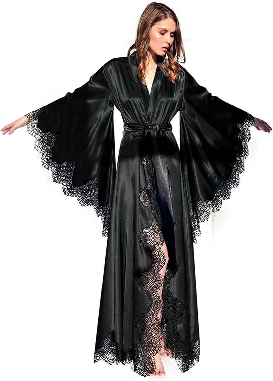 Tianzhihe Silk Satin Bridal Robe Long Lace Sexy Boudoir Lingerie Nightgown Kimono Wedding Scarf Maternity Shoot