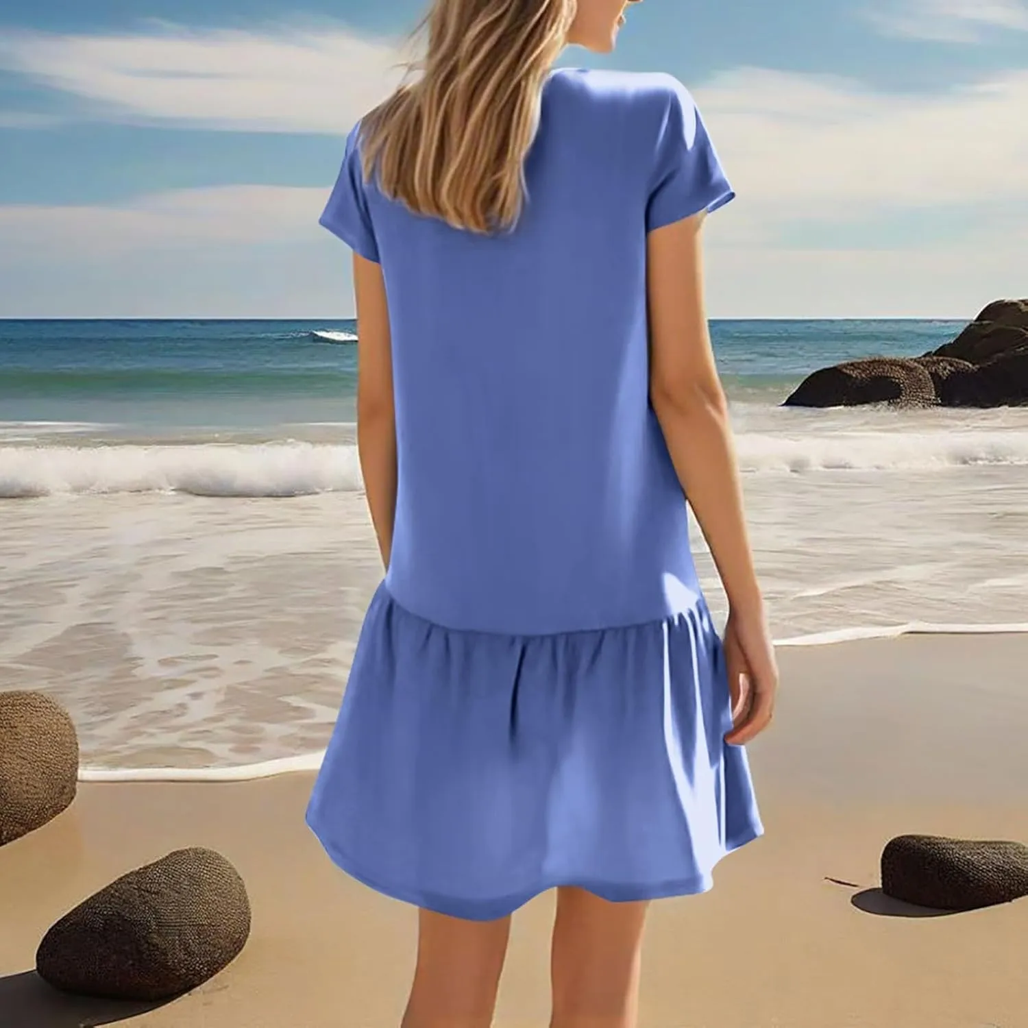 Tshirt Dress Women Loose V Neck Short Sleeve Ruffle Drop Waist Short Flowy Dress Summer Beachy Resort A Line Dresses