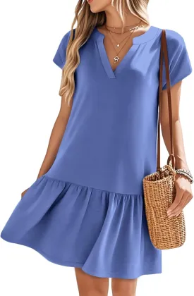 Tshirt Dress Women Loose V Neck Short Sleeve Ruffle Drop Waist Short Flowy Dress Summer Beachy Resort A Line Dresses