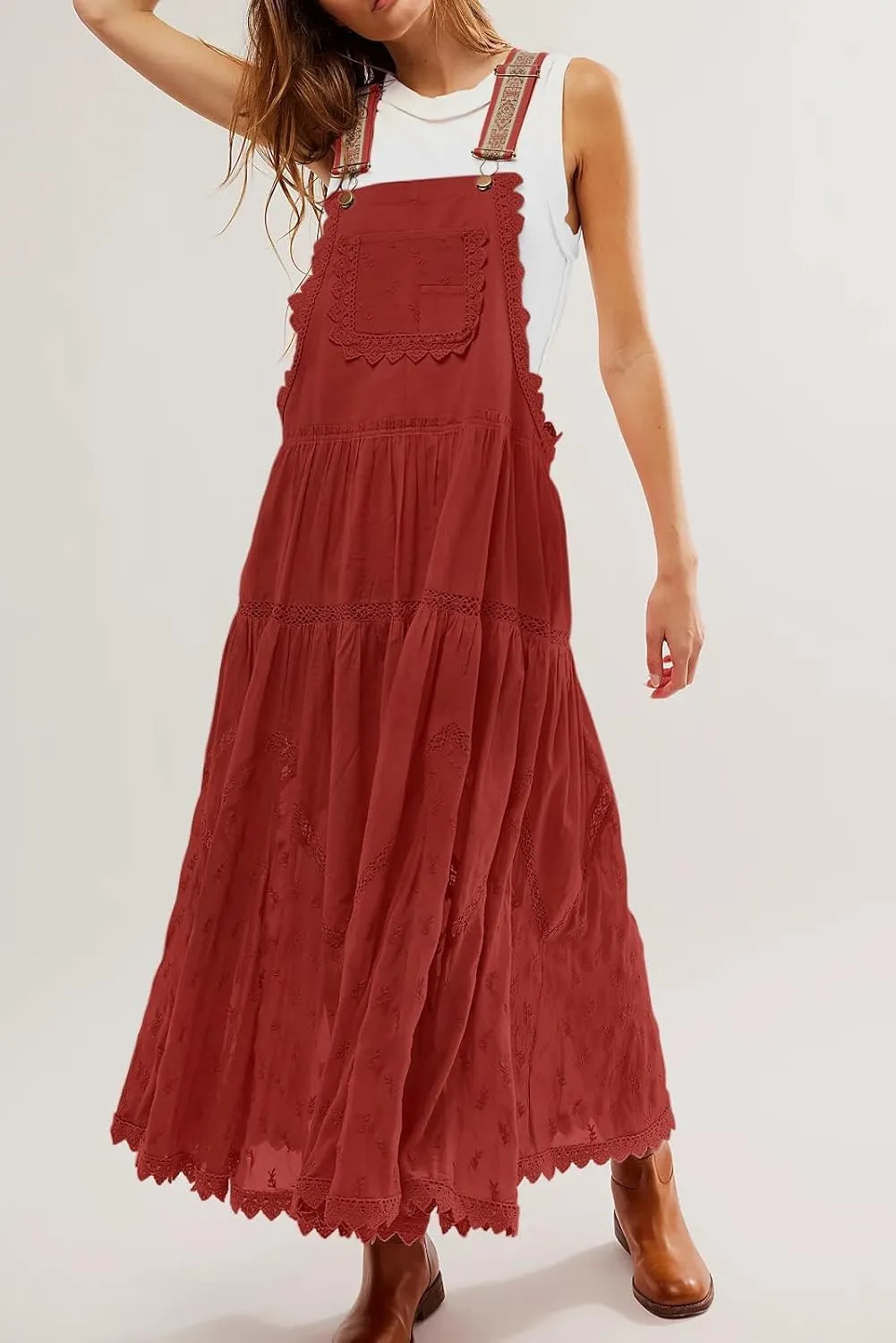 utcoco Women's Summer Laced Embroidered Tulle Bib Overall Dress Casual Loose Adjustable Straps Sleeveless Maxi Dress