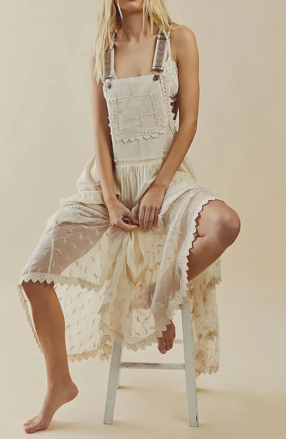 utcoco Women's Summer Laced Embroidered Tulle Bib Overall Dress Casual Loose Adjustable Straps Sleeveless Maxi Dress