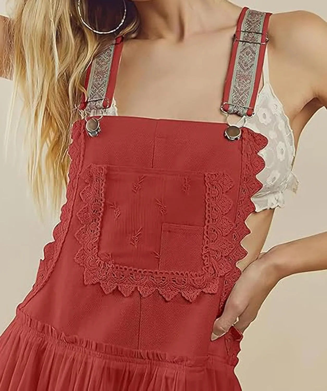 utcoco Women's Summer Laced Embroidered Tulle Bib Overall Dress Casual Loose Adjustable Straps Sleeveless Maxi Dress