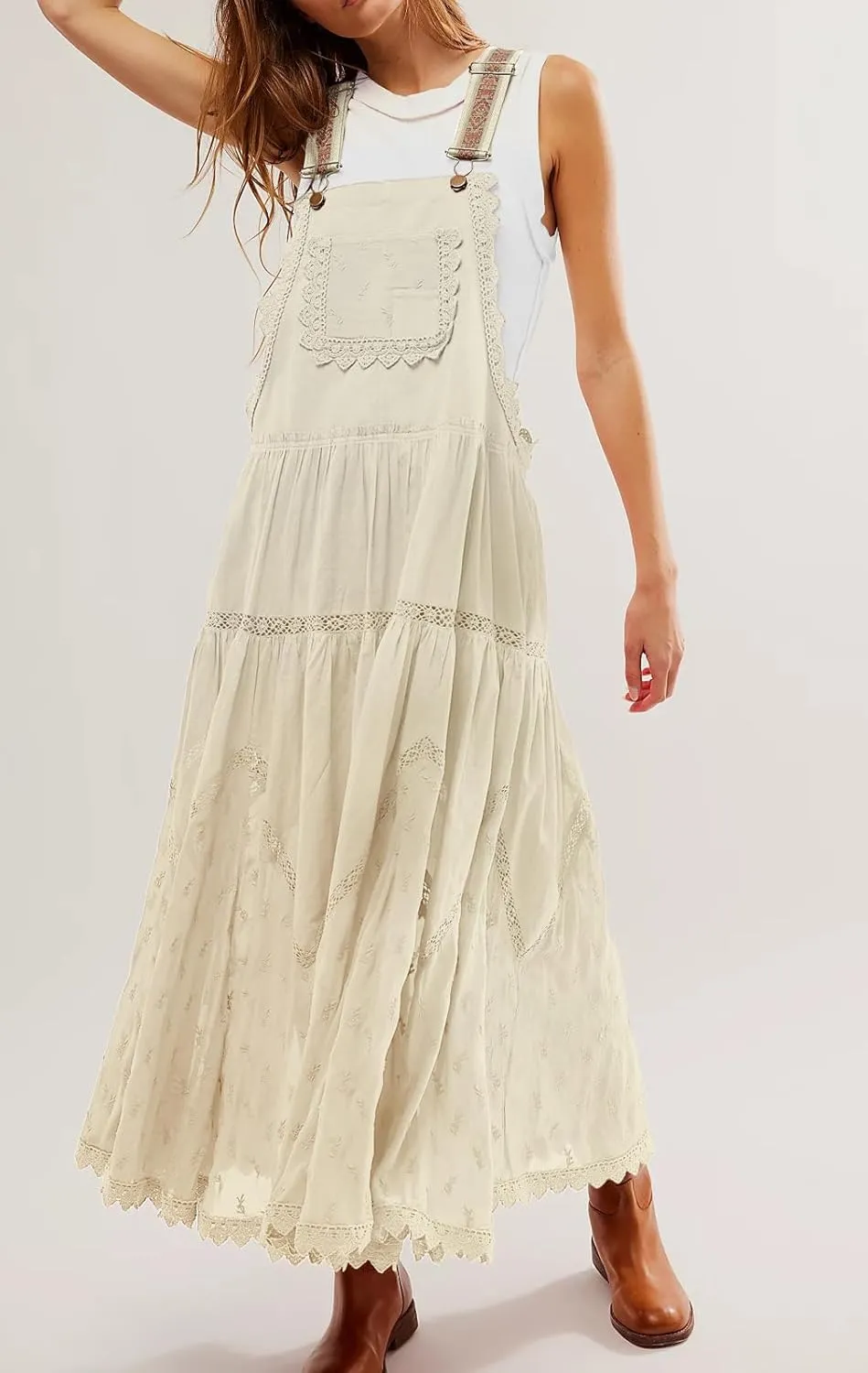 utcoco Women's Summer Laced Embroidered Tulle Bib Overall Dress Casual Loose Adjustable Straps Sleeveless Maxi Dress