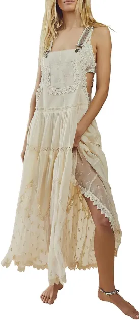utcoco Women's Summer Laced Embroidered Tulle Bib Overall Dress Casual Loose Adjustable Straps Sleeveless Maxi Dress