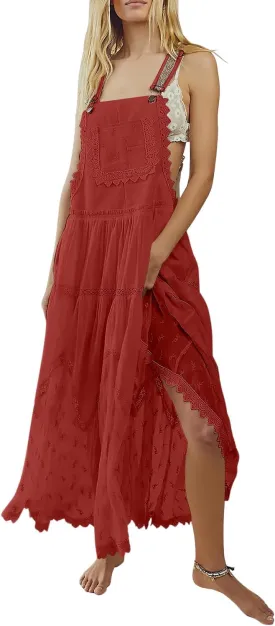 utcoco Women's Summer Laced Embroidered Tulle Bib Overall Dress Casual Loose Adjustable Straps Sleeveless Maxi Dress
