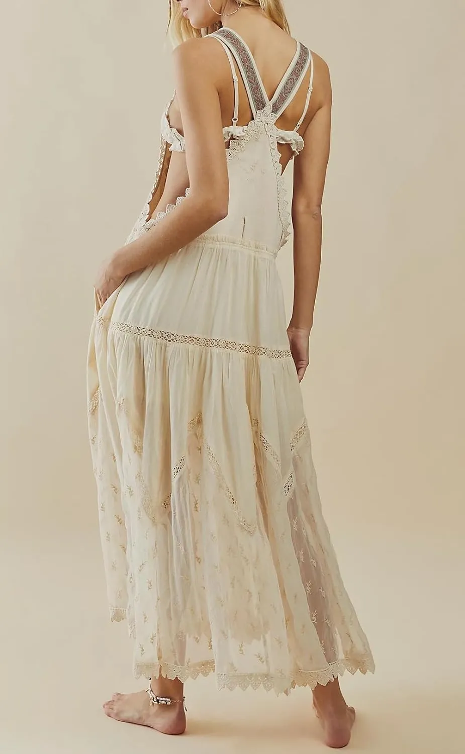 utcoco Women's Summer Laced Embroidered Tulle Bib Overall Dress Casual Loose Adjustable Straps Sleeveless Maxi Dress