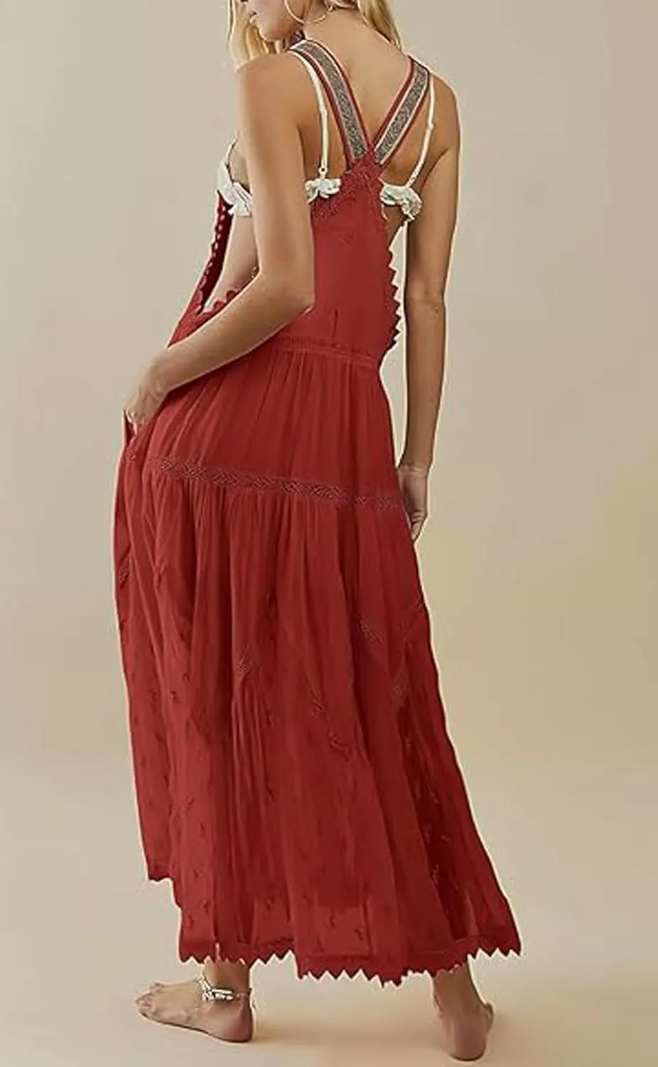 utcoco Women's Summer Laced Embroidered Tulle Bib Overall Dress Casual Loose Adjustable Straps Sleeveless Maxi Dress
