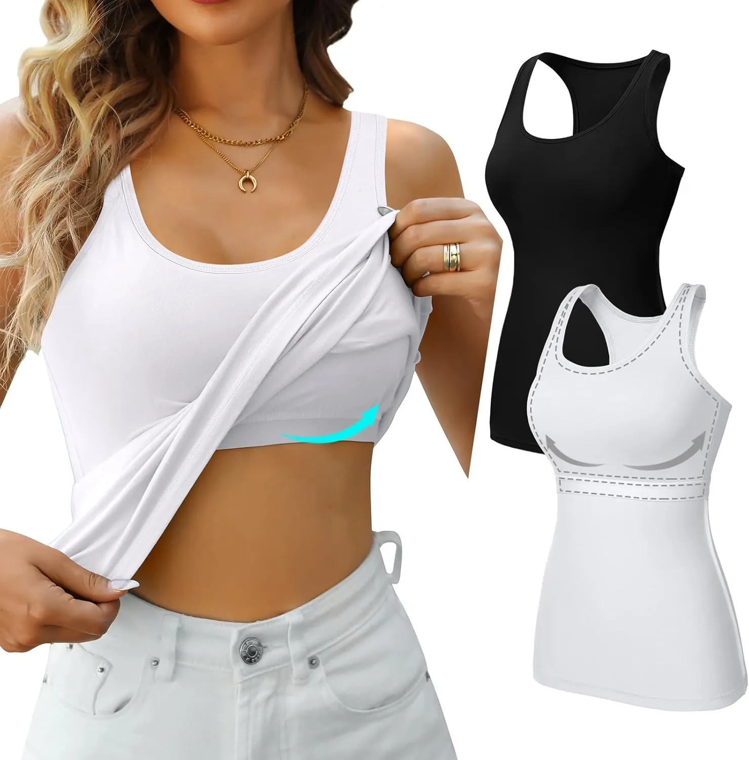 V FOR CITY Womens Shelf Bra Tank Tops Racerback Workout Camis Yoga Shirt Cotton Undershirt 2 Pack