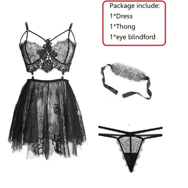 VenusFox Sexy Sleepwear Women Backless Wear Night Gowns With Thong Sets V-neck Lace Sexy Ladies Dress