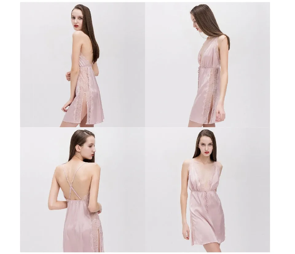 VenusFox V Neck Sleeveless Spaghetti Strap Nightdress Satin Sleepwear