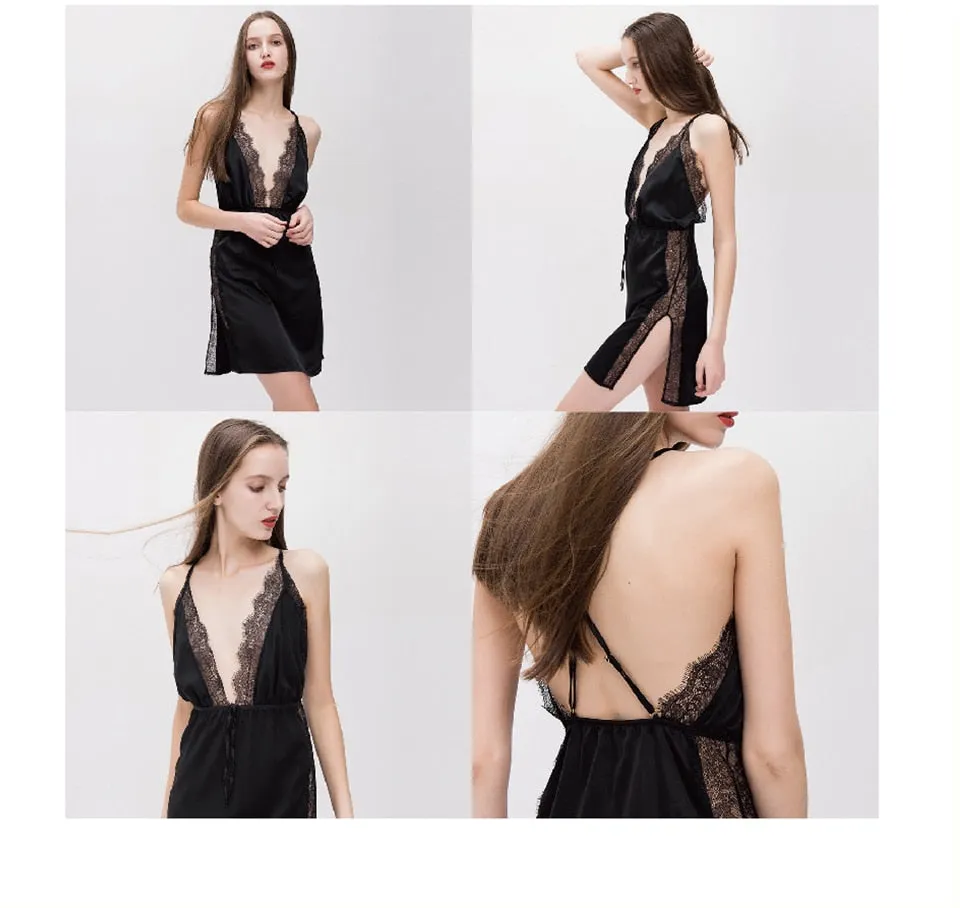 VenusFox V Neck Sleeveless Spaghetti Strap Nightdress Satin Sleepwear