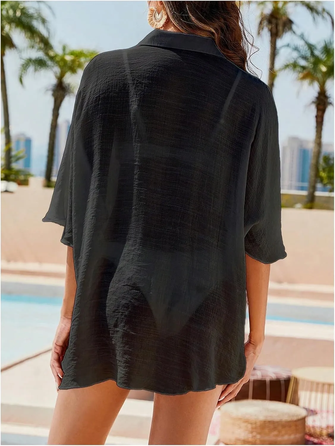 Verdusa Women's Button Up 3/4 Sleeve Sheer Beach Kimono Cover Up Shirt