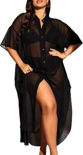 Verdusa Women's Plus Size Sheer Mesh Half Sleeve Loose Swimsuit Maxi Dress Cover Up