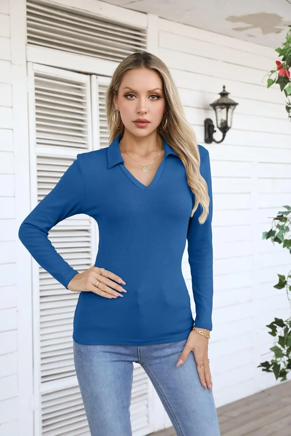 VICHYIE Womens Long Sleeve Shirts Lapel V Neck Slim Fitted Ribbed Knit Trendy Tight Polo Tops