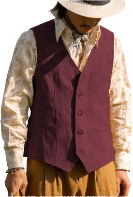 Vintage Men's Linen Lightweight Vest Casual Cotton Linen Blend Classic Design Groomsmen Waistcoat Summer
