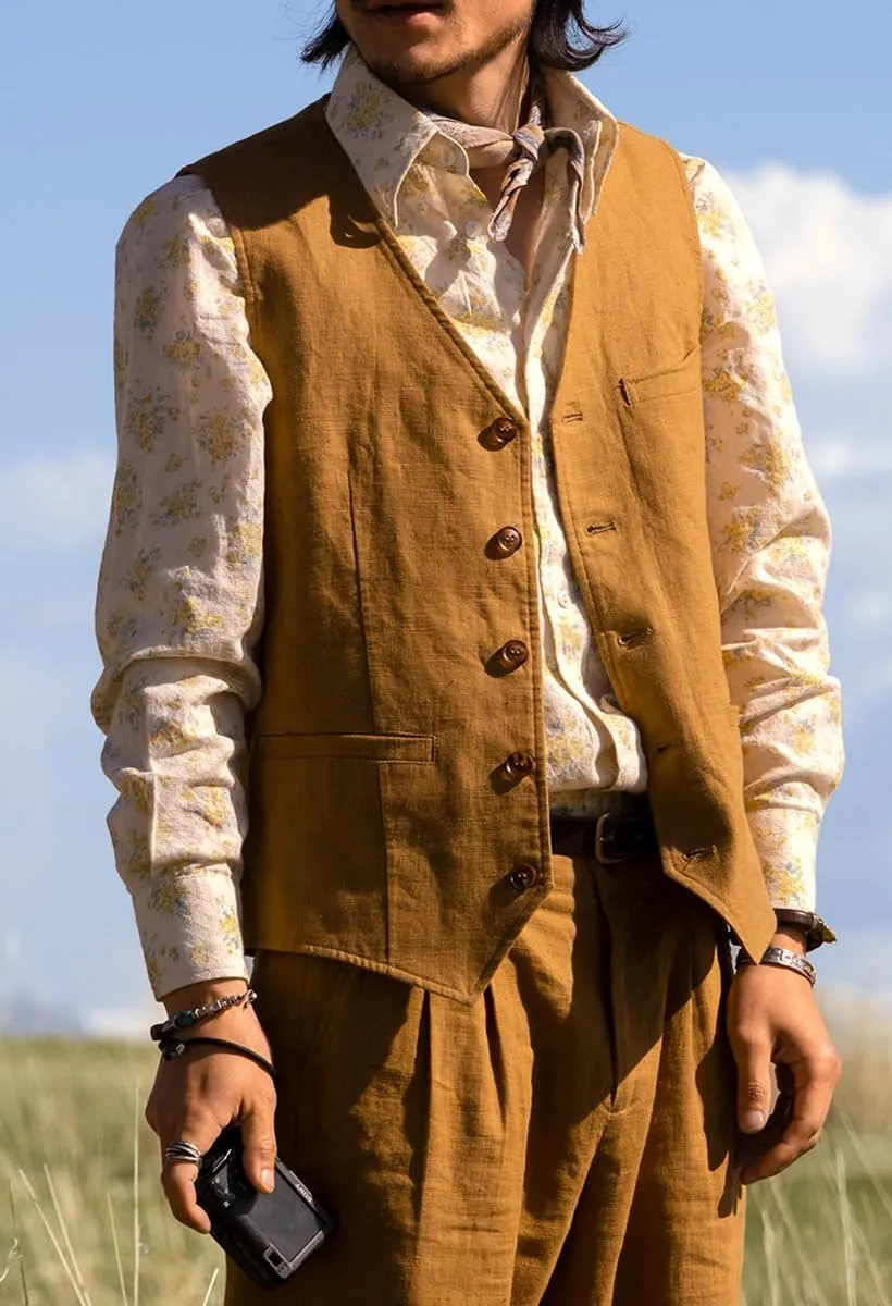 Vintage Men's Linen Lightweight Vest Casual Cotton Linen Blend Classic Design Groomsmen Waistcoat Summer