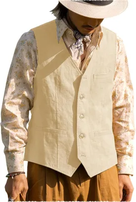 Vintage Men's Linen Lightweight Vest Casual Cotton Linen Blend Classic Design Groomsmen Waistcoat Summer