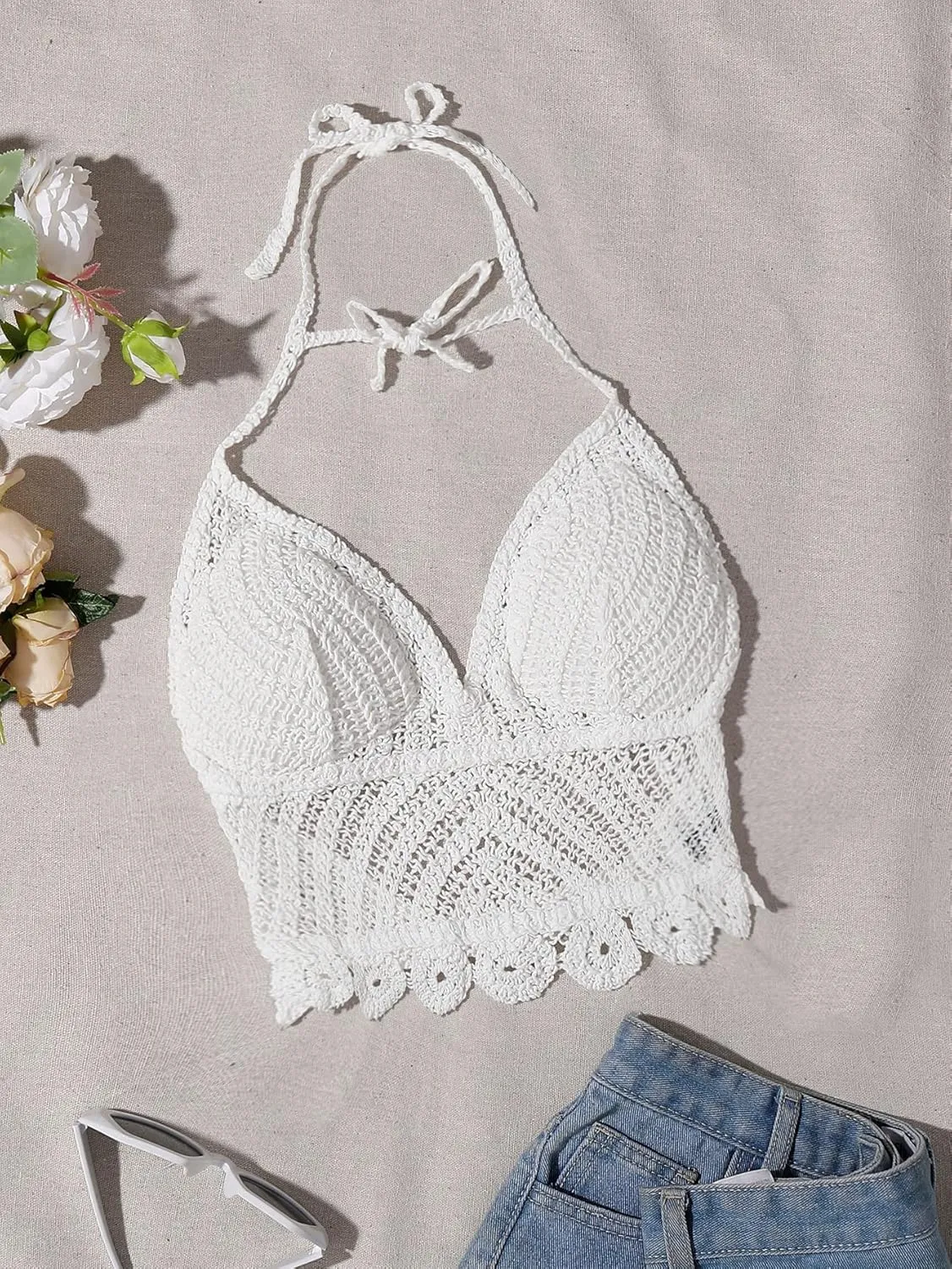 WDIRARA Women's Tie Backless Halter Swim Tops Sleeveless Crochet Tankini Top Swimwear