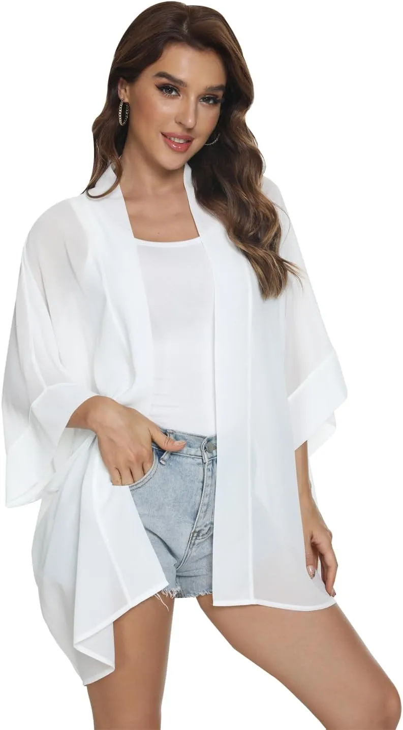 WEIYAN Women's Tops Loose Chiffon Kimono Cardigan Beach Swim Cover up Blouse