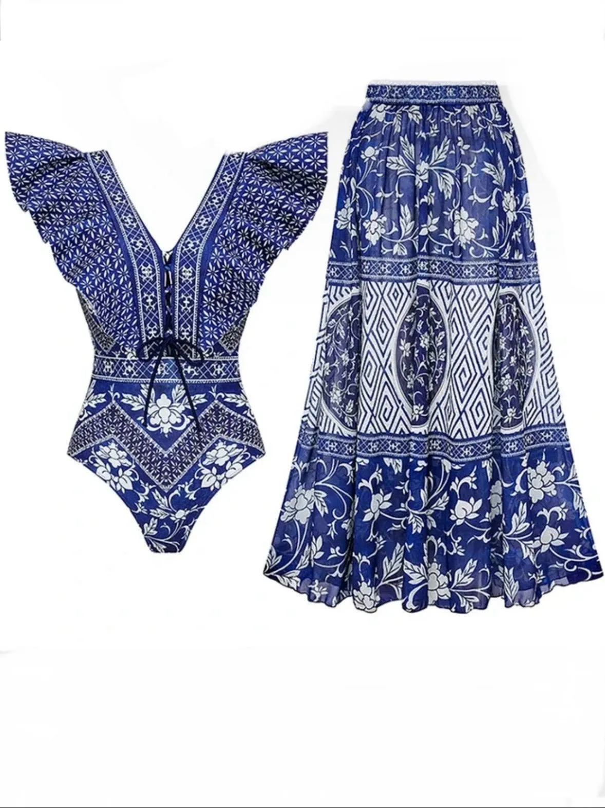 White and blue set of 2 swimsuit and short floral printed