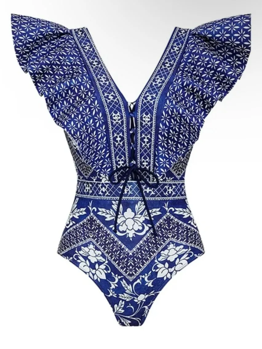 White and blue set of 2 swimsuit and short floral printed
