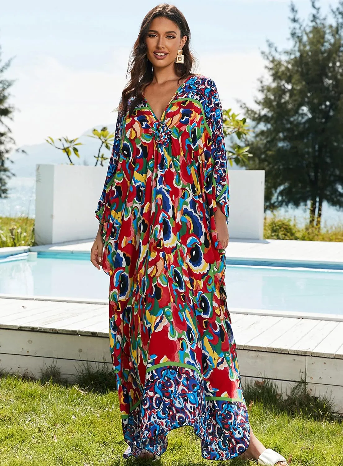 Women Kaftan Dresses Plus Size V-Neck Batwing Sleeves Beach Cover Up 2025 Summer Floral Print Caftan Dress