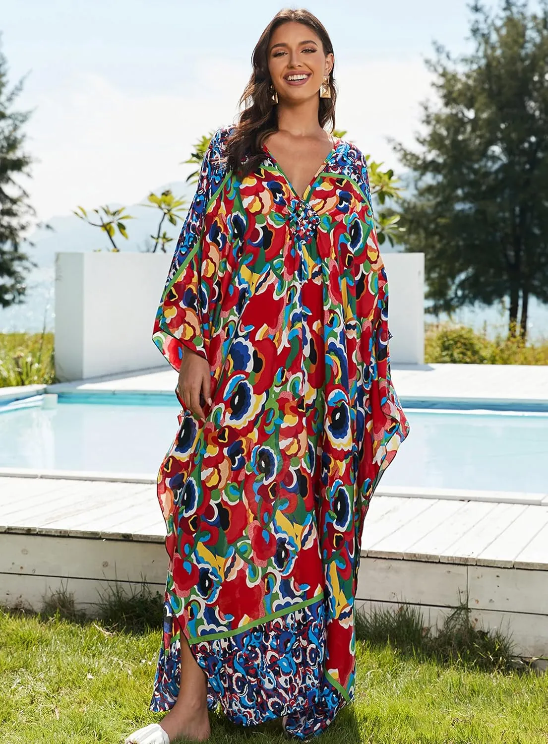 Women Kaftan Dresses Plus Size V-Neck Batwing Sleeves Beach Cover Up 2025 Summer Floral Print Caftan Dress