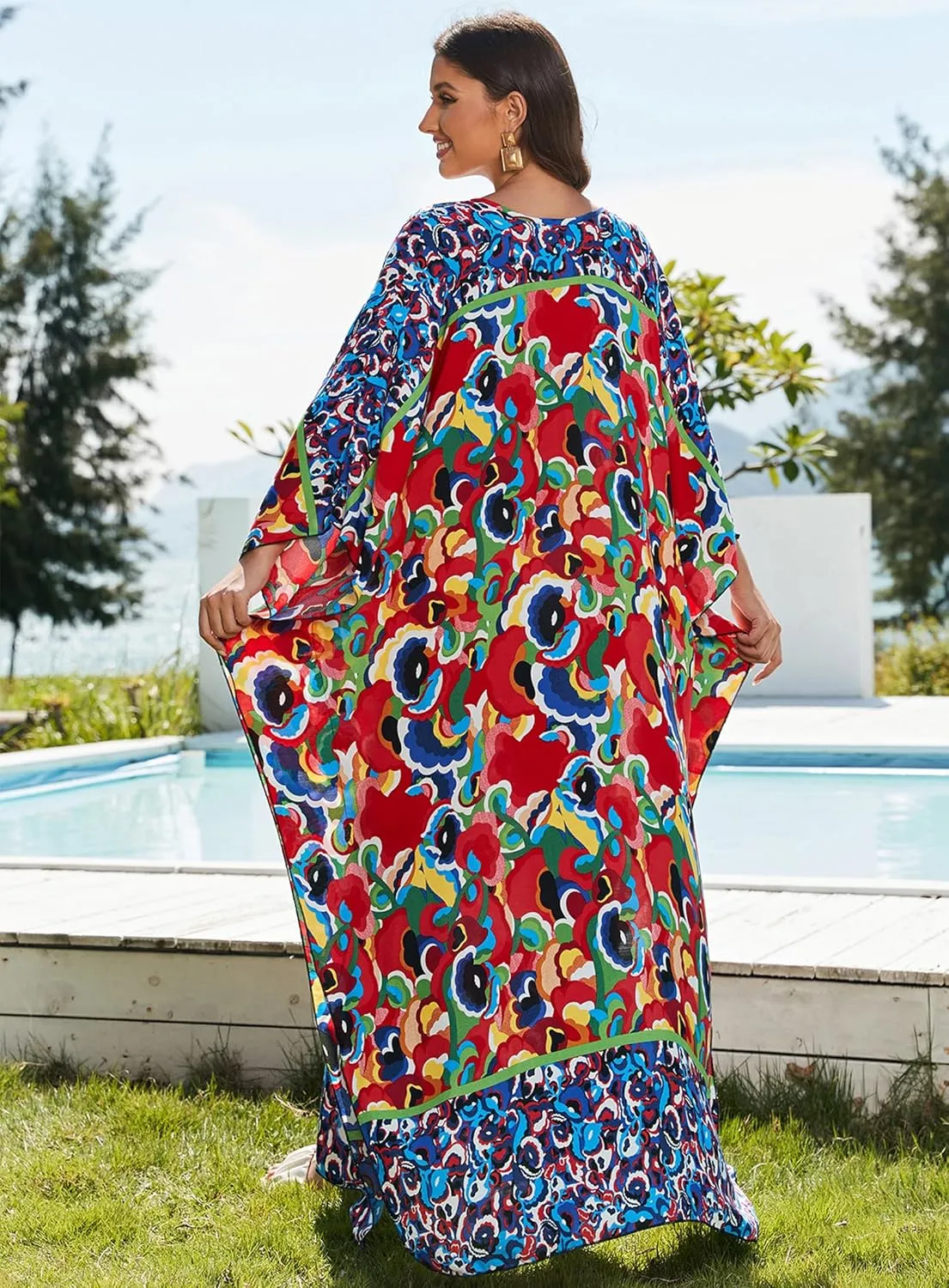 Women Kaftan Dresses Plus Size V-Neck Batwing Sleeves Beach Cover Up 2025 Summer Floral Print Caftan Dress