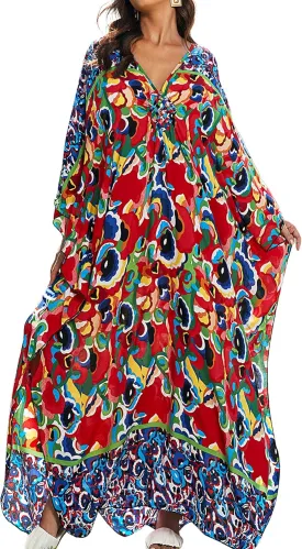 Women Kaftan Dresses Plus Size V-Neck Batwing Sleeves Beach Cover Up 2025 Summer Floral Print Caftan Dress