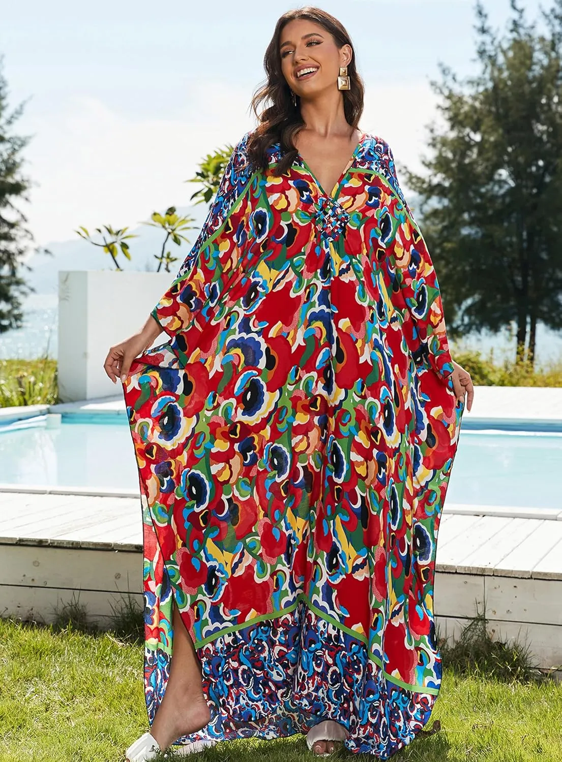 Women Kaftan Dresses Plus Size V-Neck Batwing Sleeves Beach Cover Up 2025 Summer Floral Print Caftan Dress
