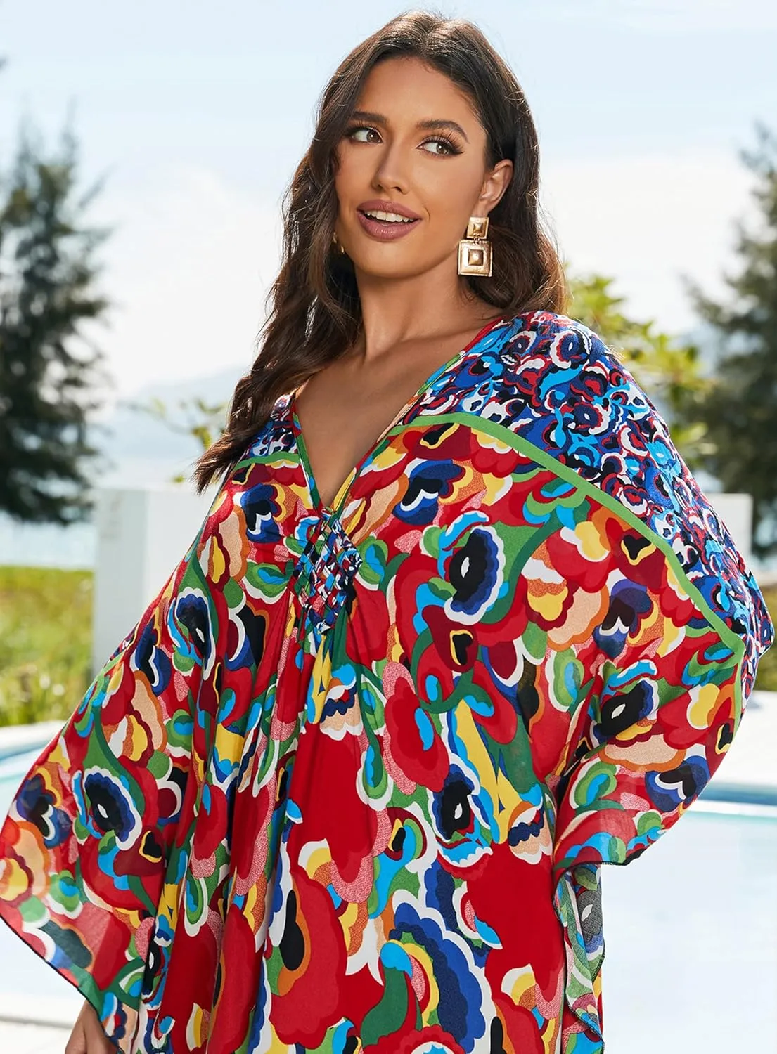 Women Kaftan Dresses Plus Size V-Neck Batwing Sleeves Beach Cover Up 2025 Summer Floral Print Caftan Dress