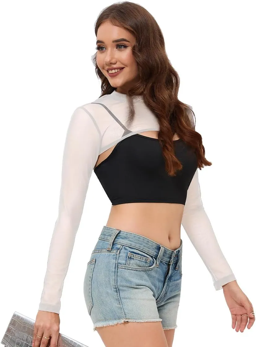 Women Mesh Crop Tops Long Sleeve Mock Neck Sheer Bolero Slim Fit See Through Sexy Tee Shirt Clubwear