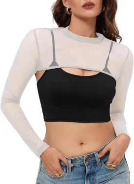 Women Mesh Crop Tops Long Sleeve Mock Neck Sheer Bolero Slim Fit See Through Sexy Tee Shirt Clubwear