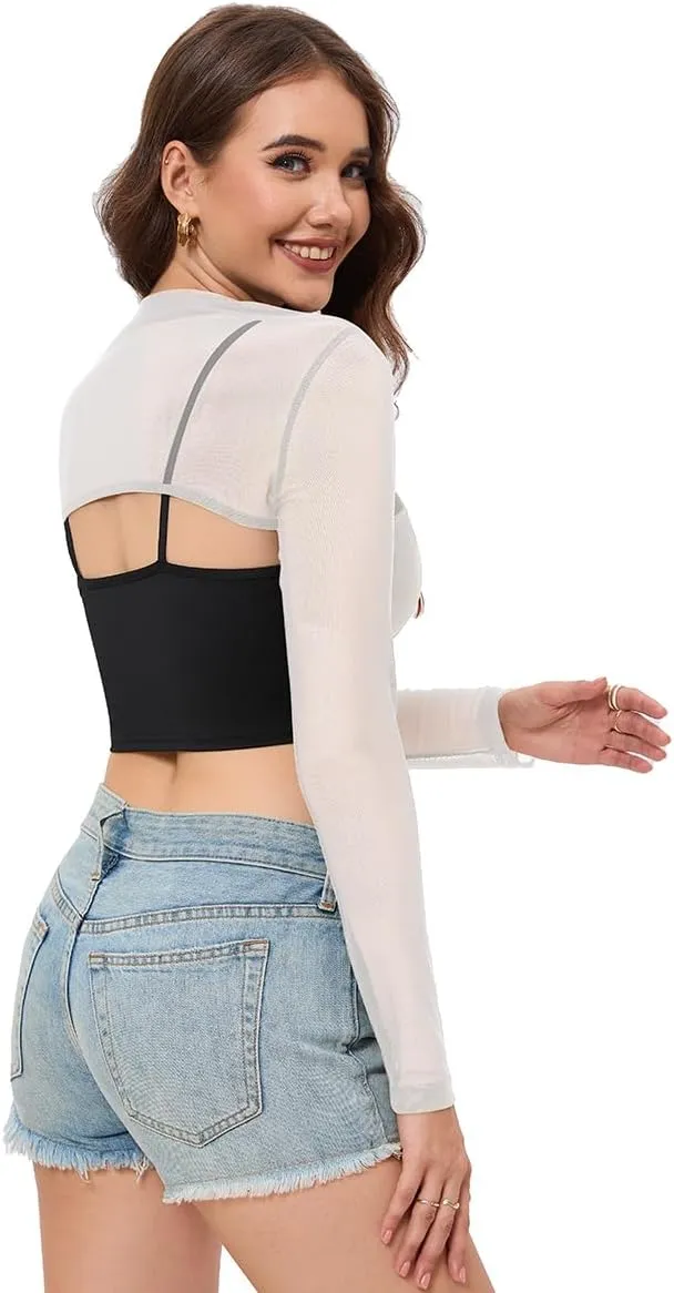Women Mesh Crop Tops Long Sleeve Mock Neck Sheer Bolero Slim Fit See Through Sexy Tee Shirt Clubwear