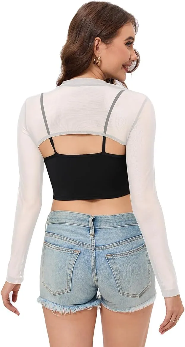 Women Mesh Crop Tops Long Sleeve Mock Neck Sheer Bolero Slim Fit See Through Sexy Tee Shirt Clubwear