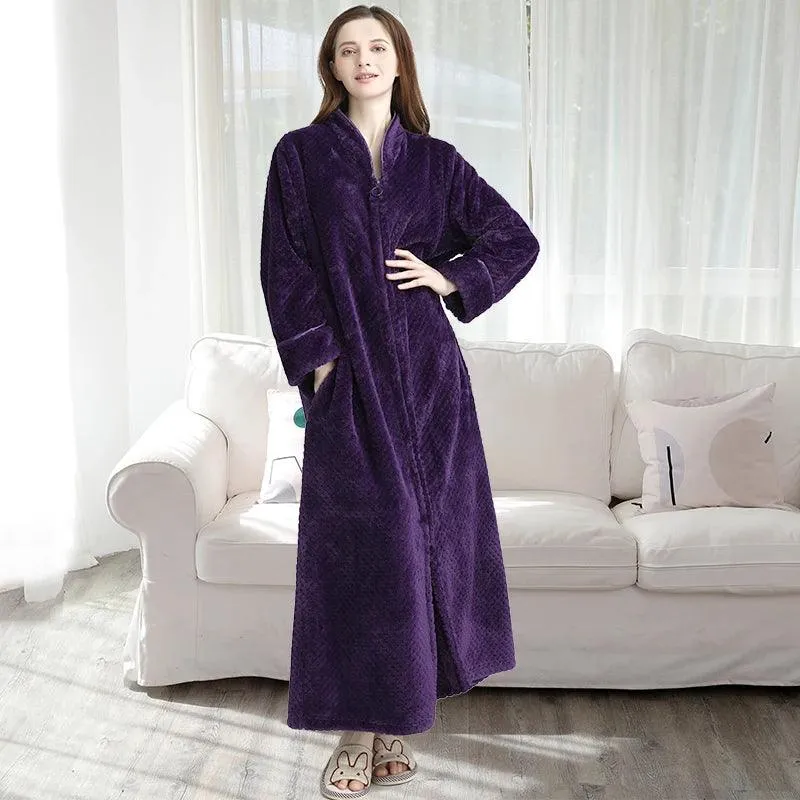 Women Winter Extra Long Thick Warm Bath Robe Plus Size Zipper Luxury Flannel Peignoir Pregnant Bathrobe Men Coral Fleece Robes