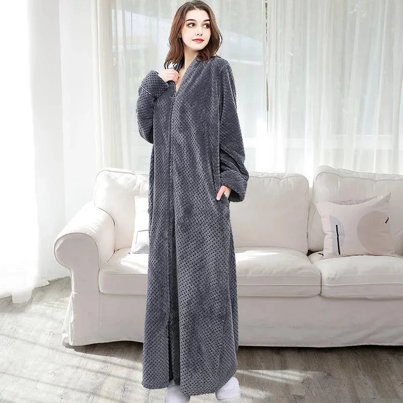 Women Winter Extra Long Thick Warm Bath Robe Plus Size Zipper Luxury Flannel Peignoir Pregnant Bathrobe Men Coral Fleece Robes